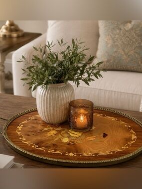 vintage italian marquetry Inlaid Wood Floral tray Brass Handles MCM Decor